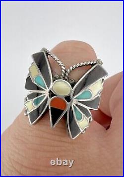 Vtg REYES NEHA Zuni Sterling Silver Butterfly MOP Turquoise Coral Onyx Ring