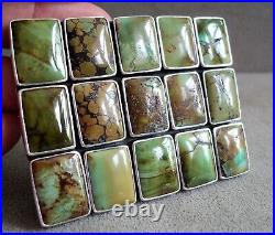 Vtg Signed NAVAJO Sterling SILVER Green TURQUOISE 15-Stone BELT BUCKLE 2.25x2.75