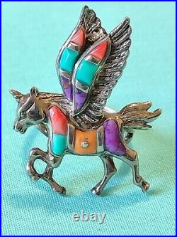 Vtg Sterling Silver 925 Spiny Oyster Turquoise Unicorn Alicorn Pegasus Ring Sz 7