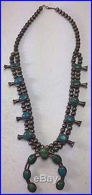 Vtg Sterling Silver OLD PAWN Navajo Squash Blossom Turquoise Bead Necklace 24.5