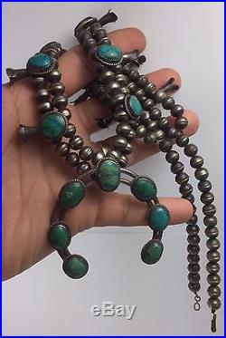 Vtg Sterling Silver OLD PAWN Navajo Squash Blossom Turquoise Bead Necklace 24.5