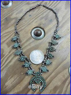 Vtg ZUNI Sterling Silver 5mm Beads PETIT POINT Turquoise SQUASH BLOSSOM Necklace