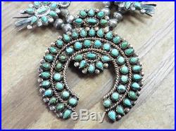 Vtg ZUNI Sterling Silver 5mm Beads PETIT POINT Turquoise SQUASH BLOSSOM Necklace