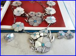 Vtg. ZUNI Sterling Turquoise MOP 3-Pc Necklace Set ANSELM WALLACE Desert Rose