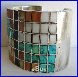 Vtg Zuni Indian Sterling Silver Turquoise Coral Inlay Heavy Cuff Bracelet Abrams