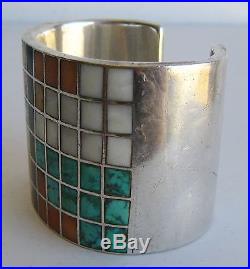 Vtg Zuni Indian Sterling Silver Turquoise Coral Inlay Heavy Cuff Bracelet Abrams