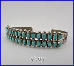 Vtg Zuni Sterling Silver Turquoise Snake Eye 2 Row Stamped Cuff Bracelet