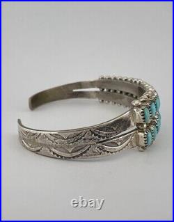 Vtg Zuni Sterling Silver Turquoise Snake Eye 2 Row Stamped Cuff Bracelet