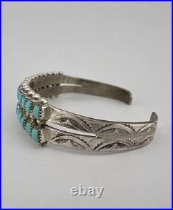 Vtg Zuni Sterling Silver Turquoise Snake Eye 2 Row Stamped Cuff Bracelet