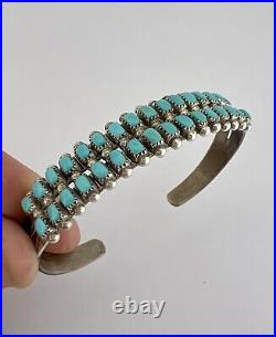 Vtg Zuni Sterling Silver Turquoise Snake Eye 2 Row Stamped Cuff Bracelet