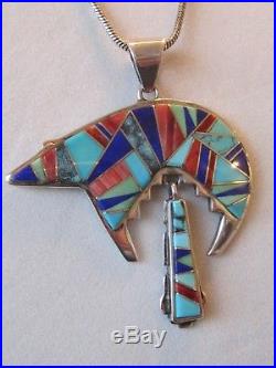 Vtg sterling silver Navajo LRG Calvin Begay inlay turquoise Bear DANGLE pendant