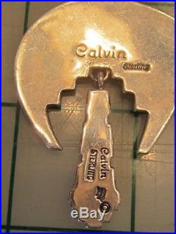 Vtg sterling silver Navajo LRG Calvin Begay inlay turquoise Bear DANGLE pendant