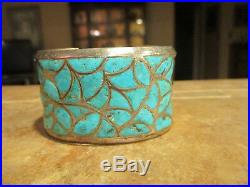 WIDE OLD PAWN ZUNI Sterling Silver Inlay Fish Scale Turquoise Cuff Bracelet