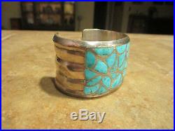 WIDE OLD PAWN ZUNI Sterling Silver Inlay Fish Scale Turquoise Cuff Bracelet