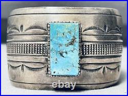 Wide Signed Hand Tooled Vintage Navajo Turquoise Sterling Silver Bracelet