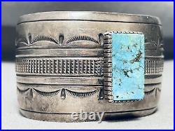 Wide Signed Hand Tooled Vintage Navajo Turquoise Sterling Silver Bracelet