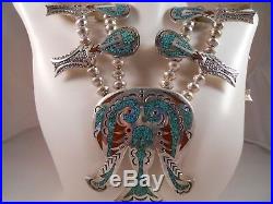 William Singer Sterling Silver Turquoise Coral Squash Blossom Necklace 171.9g