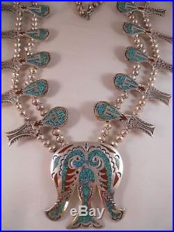 William Singer Sterling Silver Turquoise Coral Squash Blossom Necklace 171.9g