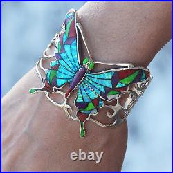 Women Butterfly Cuff Bracelet Multicolor Genuine Stone Jewelry Sterling Silver