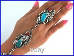 XL Navajo HB Yazzie Sterling Silver Turquoise Coral Slave Bracelet Ring Size 7