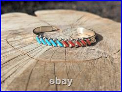 Zuni Cuff Bracelet Coral Turquoise Needlepoint Sterling Silver Jewelry Sz 6.5in Zuni Cuff Bracelet Coral Turquoise Needlepoint Sterling Silver Jewelry Sz 6.5in