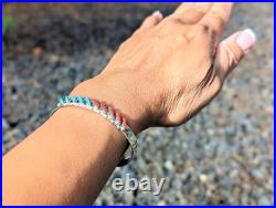 Zuni Cuff Bracelet Coral Turquoise Needlepoint Sterling Silver Jewelry Sz 6.5in Zuni Cuff Bracelet Coral Turquoise Needlepoint Sterling Silver Jewelry Sz 6.5in