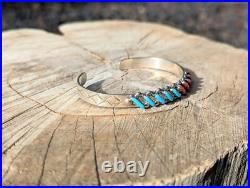 Zuni Cuff Bracelet Coral Turquoise Needlepoint Sterling Silver Jewelry Sz 6.5in Zuni Cuff Bracelet Coral Turquoise Needlepoint Sterling Silver Jewelry Sz 6.5in