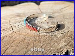 Zuni Cuff Bracelet Coral Turquoise Needlepoint Sterling Silver Jewelry Sz 6.5in Zuni Cuff Bracelet Coral Turquoise Needlepoint Sterling Silver Jewelry Sz 6.5in