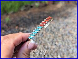 Zuni Cuff Bracelet Coral Turquoise Needlepoint Sterling Silver Jewelry Sz 6.5in Zuni Cuff Bracelet Coral Turquoise Needlepoint Sterling Silver Jewelry Sz 6.5in