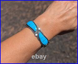 Zuni Cuff Bracelet Nevada Turquoise Inlay Sterling Silver Jewelry Sz 6.25 in Zuni Cuff Bracelet Nevada Turquoise Inlay Sterling Silver Jewelry Sz 6.25 in