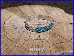 Zuni Cuff Bracelet, Turquoise Braid Inlay Sterling Silver sz 6.5, Signed Jewelry
