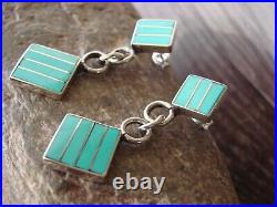 Zuni Indian Jewelry Sterling Silver Square Inlay Turquoise Earrings Haloo