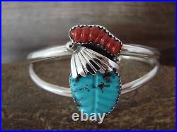 Zuni Indian Jewelry Sterling Silver Turquoise Coral Leaf Cuff Bracelet Tsattie