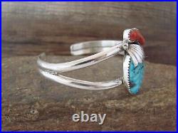 Zuni Indian Jewelry Sterling Silver Turquoise Coral Leaf Cuff Bracelet Tsattie