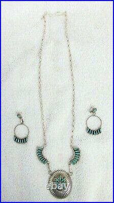 Zuni Indian Sterling Silver & Needle Point Turquoise Pendant & Earrings Set