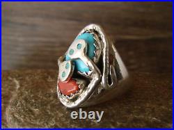 Zuni Indian Sterling Silver Turquoise Coral Snake Ring Size 10 Effie Calavaza