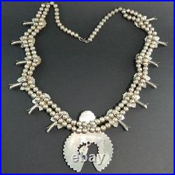 Zuni J. L. Peynetsa Needlepoint Turquoise Sterling Silver Squash Blossom Necklace