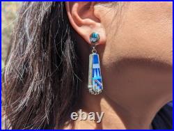 Zuni Multi Stone Inlay Lapis Lazuli Drop Earrings Handmade Native American