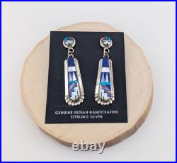 Zuni Multi Stone Inlay Lapis Lazuli Drop Earrings Handmade Native American