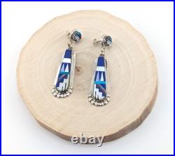 Zuni Multi Stone Inlay Lapis Lazuli Drop Earrings Handmade Native American