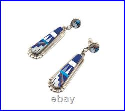 Zuni Multi Stone Inlay Lapis Lazuli Drop Earrings Handmade Native American