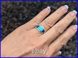 Zuni Multi Stones Inlay Band Ring Sterling Silver Handmade NA Jewelry Sz 7.75US
