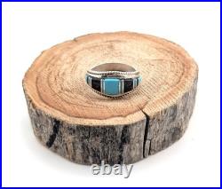Zuni Multi Stones Inlay Band Ring Sterling Silver Handmade NA Jewelry Sz 7.75US