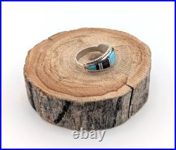 Zuni Multi Stones Inlay Band Ring Sterling Silver Handmade NA Jewelry Sz 7.75US