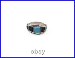 Zuni Multi Stones Inlay Band Ring Sterling Silver Handmade NA Jewelry Sz 7.75US