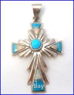 Zuni Opal & Turquoise Cross Pendant by Ervin Hoskie Sterling Silver Vintage