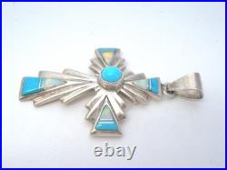 Zuni Opal & Turquoise Cross Pendant by Ervin Hoskie Sterling Silver Vintage