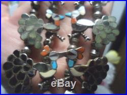 Zuni Peacock Turquoise Squash Blossom Bench Bead Sterling Silver Necklace Vtg