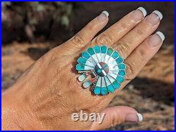 Zuni Ring Native American Sterling Silver Turquoise Sun face Kachina sz 8.5US