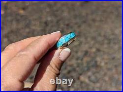 Zuni Ring Sterling Silver All Around Turquoise Inlay Jewelry Native Am Sz 9.5US